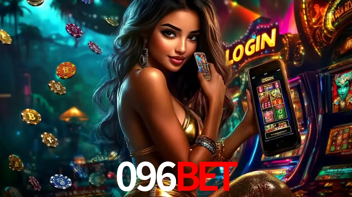 Mulher em um cenário de cassino temático de aventura, mostrando o app de caça-níqueis da 096BET no celular. Fichas de apostas flutuam ao redor.