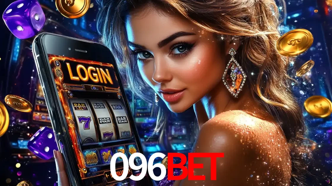 Mulher glamorosa segurando um smartphone com a tela de login para os jogos de caça-níqueis do cassino online 096BET, com moedas de ouro e dados ao redor.